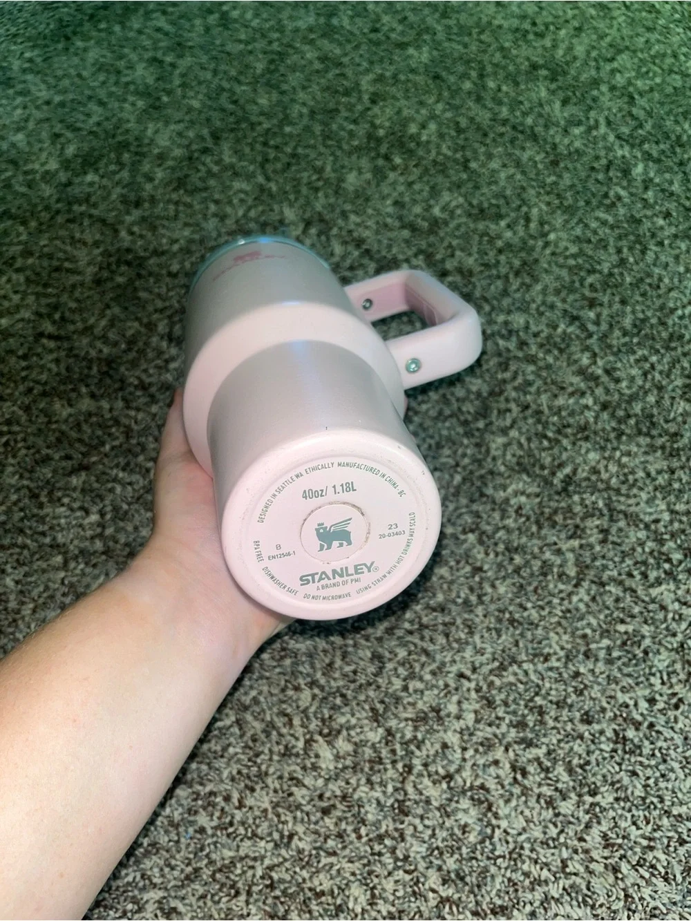 Stanley Pink Travel Mug with Blue Lid and Straw - Picture 2 of 3